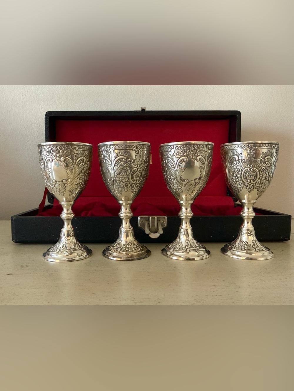 Vintage Corbell & Co Silver-Plated Cordial Liquor Mini Goblets, Set of 4 in Box
